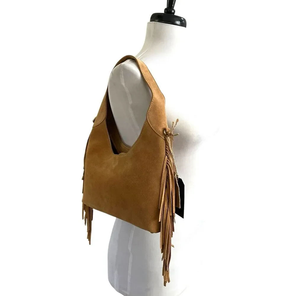 NWT Western Fringe Suede Leather Hobo Bag Tan Cowgirl Festival Crossbody Purse
